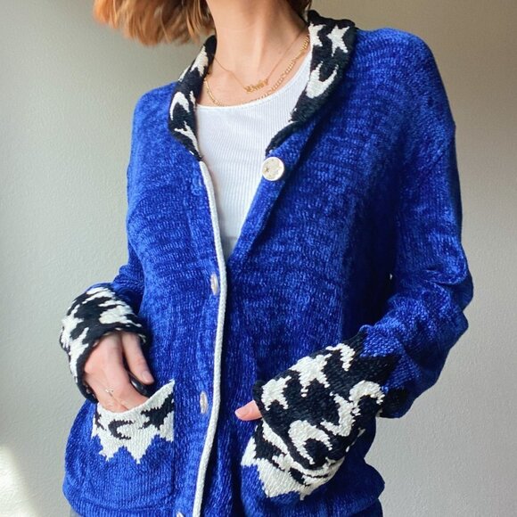 Vintage Co & Eddy Blue Chenille Button Up Cardigan w/ Star Moon Print Trim - Picture 5 of 8